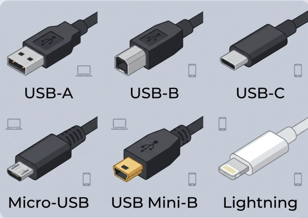 The six most common cable connector types: USB-A, USB-B, USB-C, Micro-USB, USB Mini-B, and Lightning.
